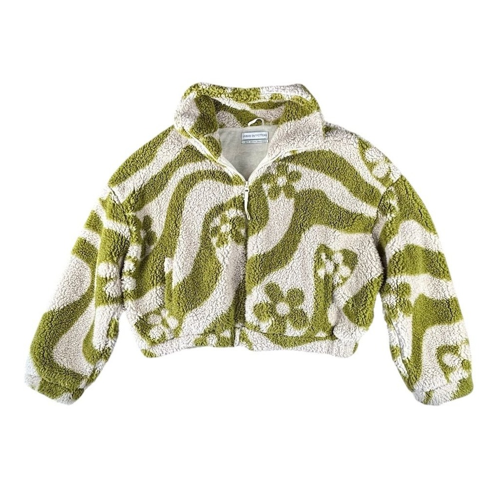 Urban Outfitters Women's XS Green Floral Sherpa‎ Jacket Zip Front